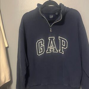 Vintage GAP Men's Dark Blue Zip-Up Sweater